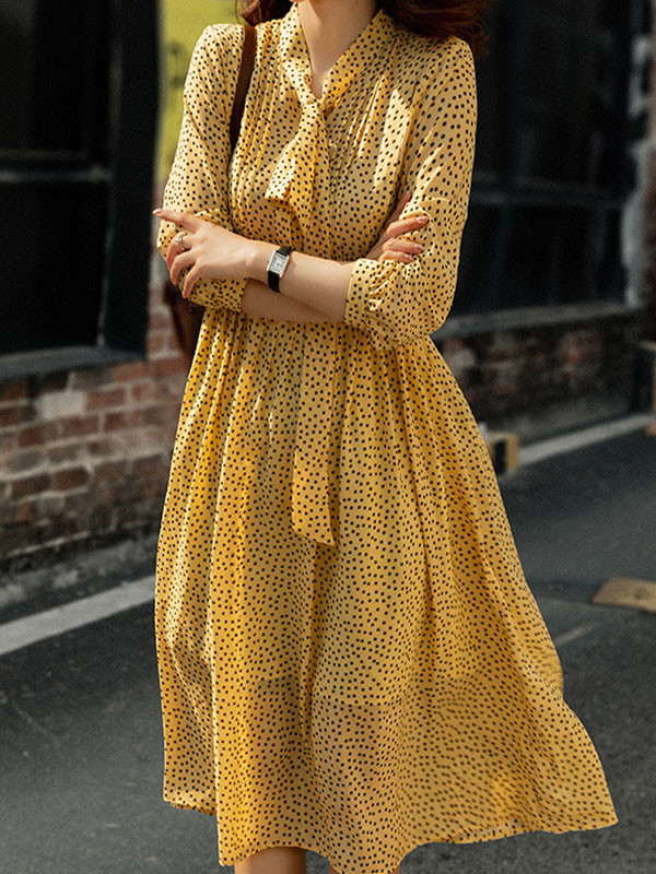 A-Line High Waisted Polka-Dot Tied Mock Neck Midi Dresses