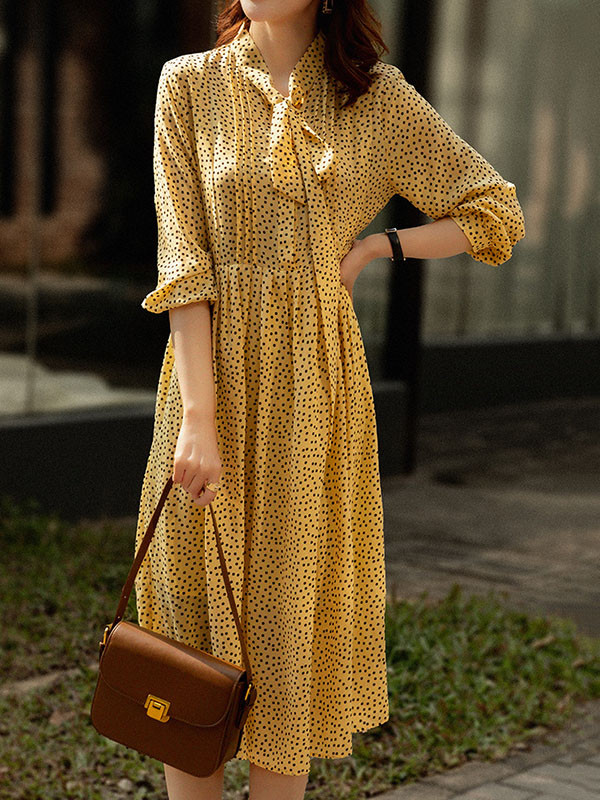 A-Line High Waisted Polka-Dot Tied Mock Neck Midi Dresses