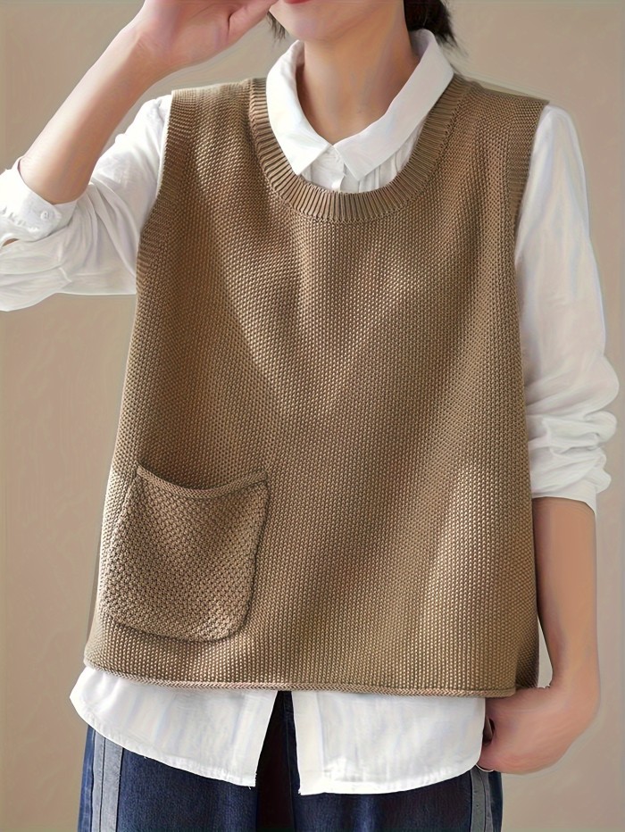 Solid Crew Neck Knitted Vest, Casual Sleeveless Loose Sweater With Pocket, Women's Clothing
