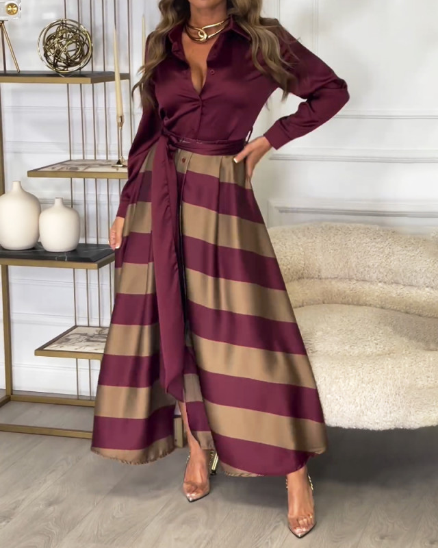 Elegant Shirt & Striped Skirt  Maxi Dresses