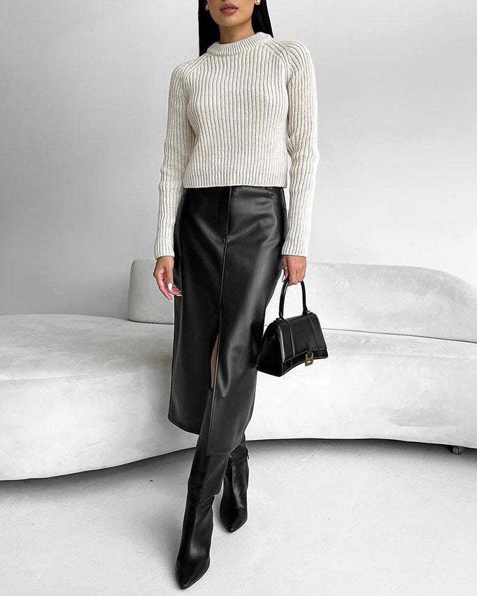 Vintage Front Slit and Lining Faux Leather Skirt