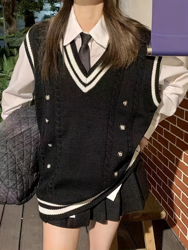 Contrast Trim V-neck Vest, Preppy Cable Knit Loose Solid Color Knitted Top, Women's Clothing