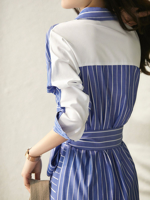 Long Sleeves Loose Buttoned Pockets Striped Tied Waist Lapel Midi Dresses Shirt Dress