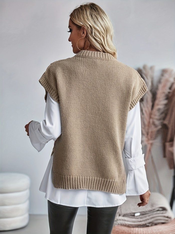 Solid Cable Knit Knitted Vest, Casual Sleeveless Crew Neck Split Hem Top, Women's Clothing