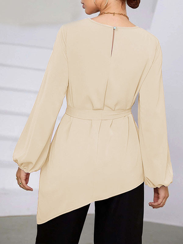 Long Sleeves Loose Asymmetric Elasticity Hollow Solid Color Tied Waist Round-Neck Blouses&Shirts Tops