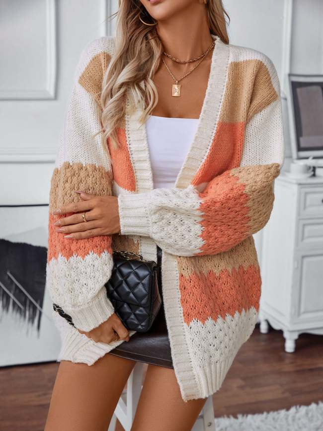 Contrast color wide striped lantern sleeve knitted cardigan