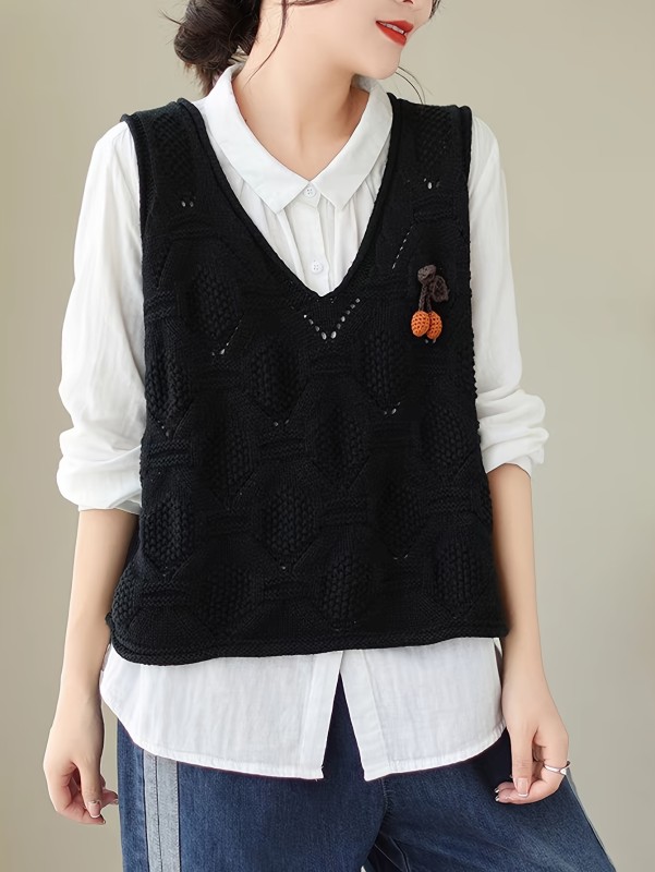 Casual Acrylic Blend Knit Vest - V-neck, Solid Color with Hollow Detail, Pullover Style, All-Season Sleeveless Top