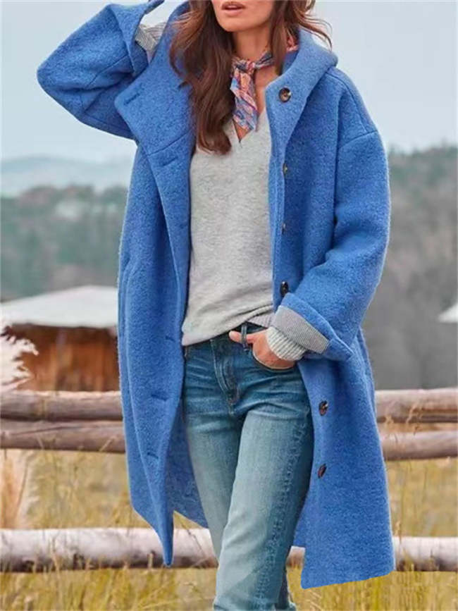 Loose single breasted hooded woolen coat