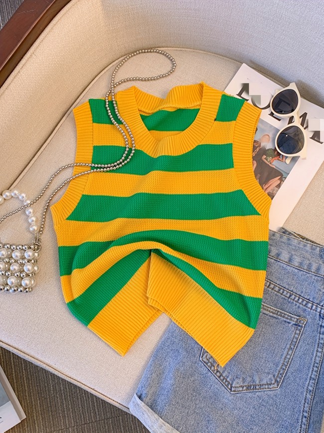 Vibrant Color Block Stripe Print Sweater Vest - Soft, Casual, V-Neck, Long Sleeve, Spring & Fall Essential - Womens Clothing for Everyday Wear