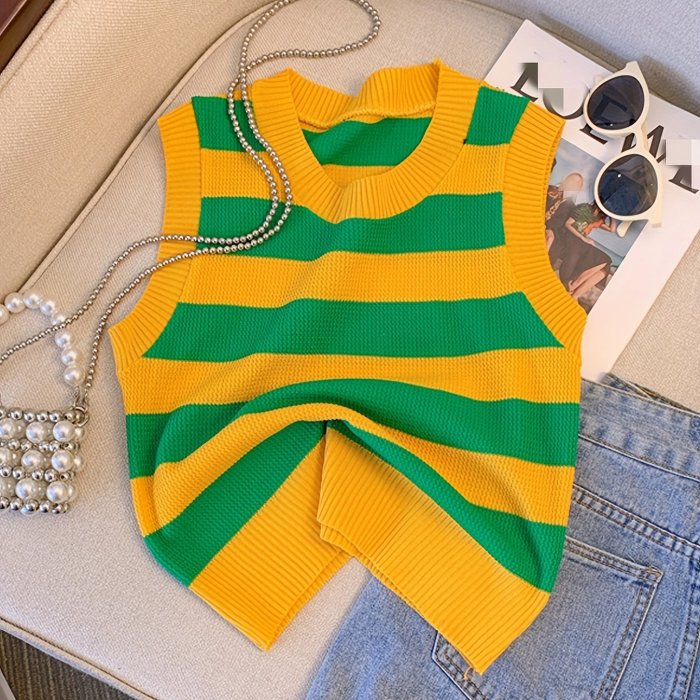 Vibrant Color Block Stripe Print Sweater Vest - Soft, Casual, V-Neck, Long Sleeve, Spring & Fall Essential - Womens Clothing for Everyday Wear