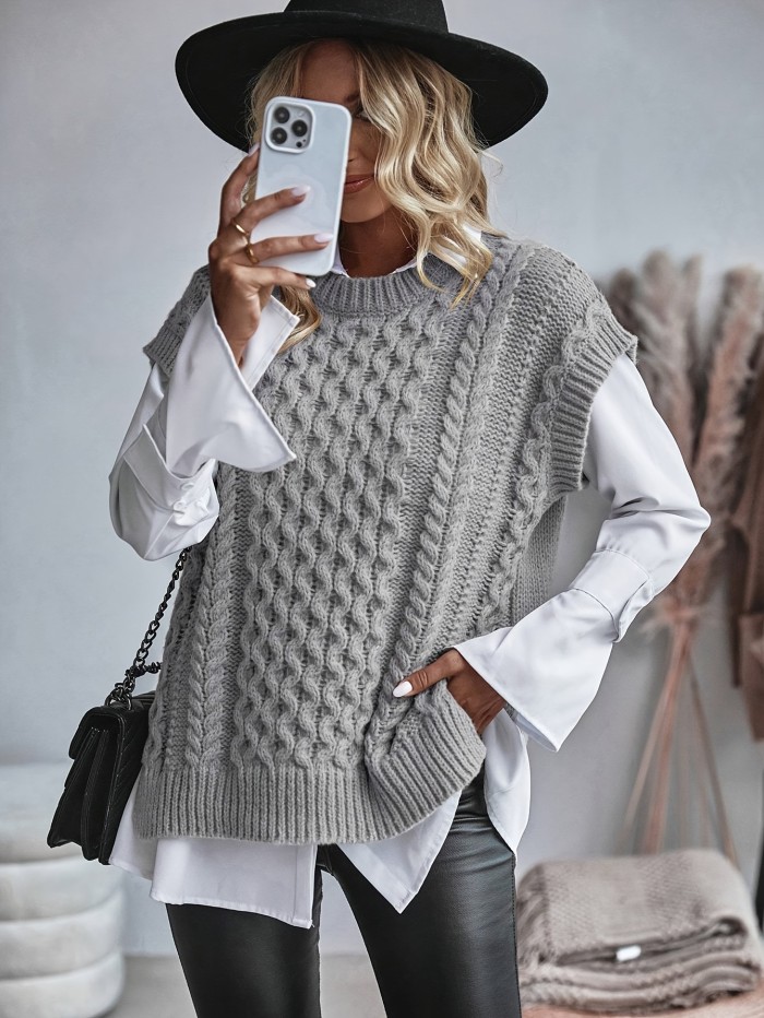 Solid Cable Knit Knitted Vest, Casual Sleeveless Crew Neck Split Hem Top, Women's Clothing