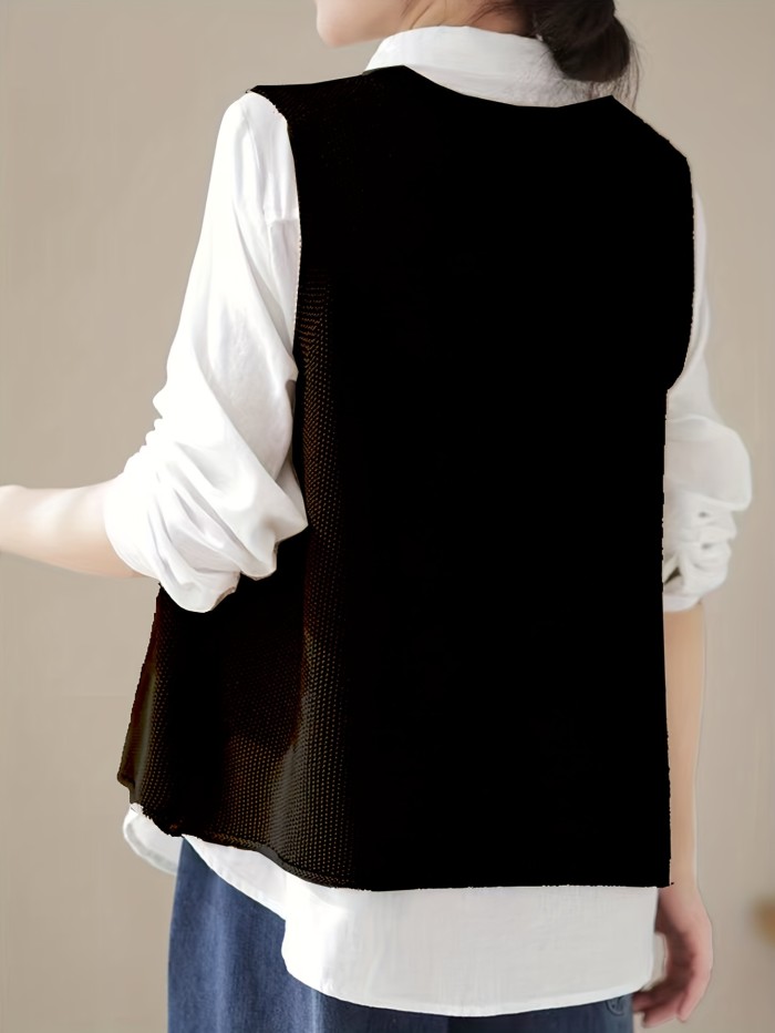 Solid Crew Neck Knitted Vest, Casual Sleeveless Loose Sweater With Pocket, Women's Clothing