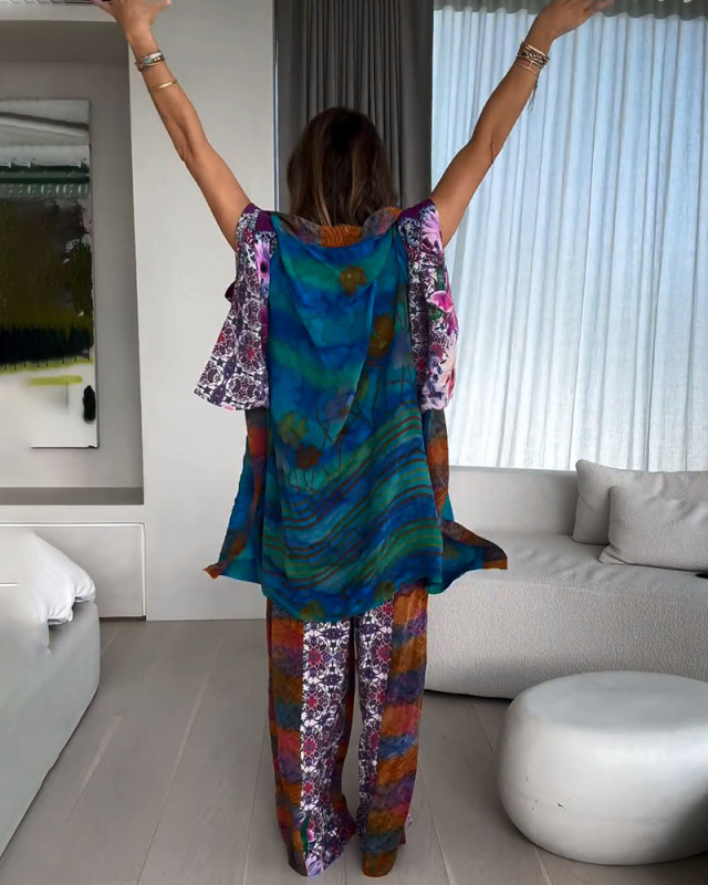 Ethnic style printed kimono two-piece set