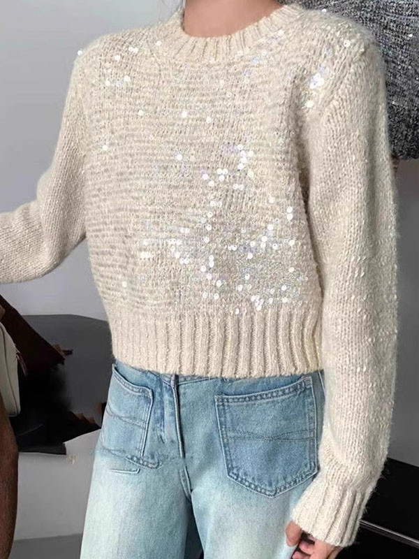 Long Sleeves Loose Sequined Split-Joint Round-Neck Pullovers Sweater Tops
