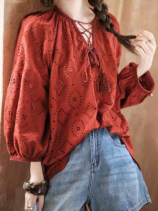 Long Sleeves Loose Hollow Pleated Solid Color Split-Joint Tied V-Neck Blouses&Shirts Tops