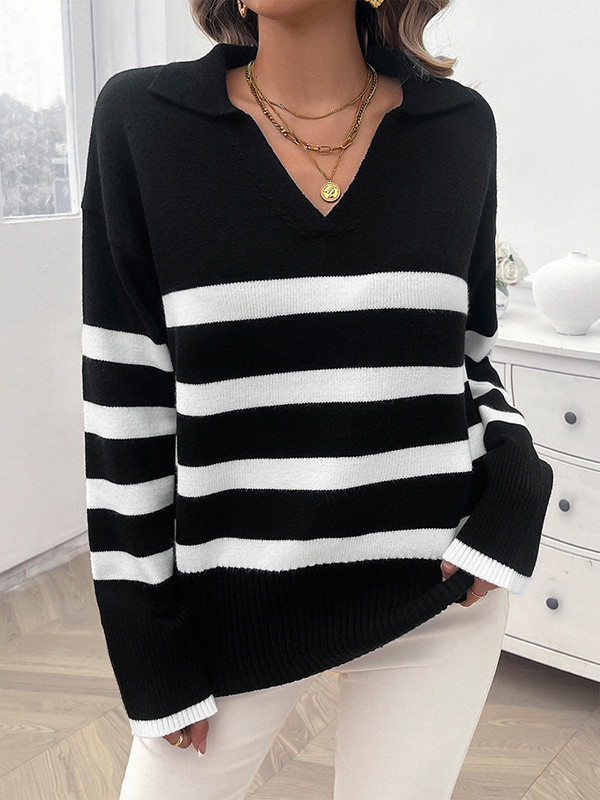 Long Sleeves Loose Contrast Color Striped Lapel Pullovers Sweater Tops