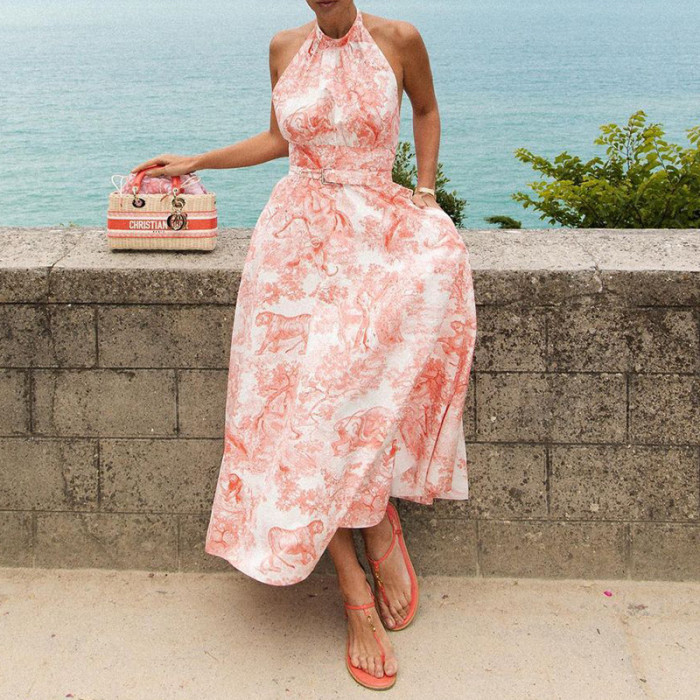 Elegant Backless Printed Halter Neck Dress