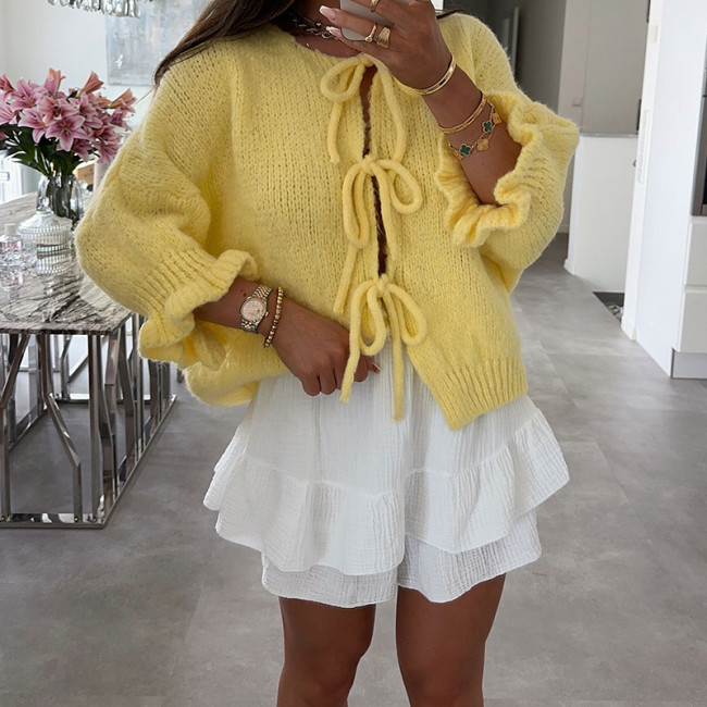 Stylish Casual Yellow Lace-Up Sweater