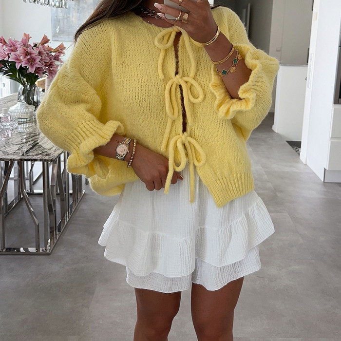 Stylish Casual Yellow Lace-Up Sweater