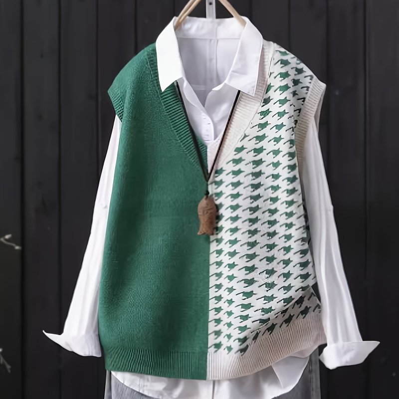 Houndstooth V Neck Sweater Vest, Casual Color Block Sleeveless Knit Vest For Spring & Fall, Women's Clothing