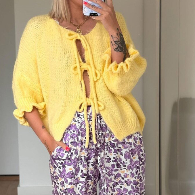 Stylish Casual Yellow Lace-Up Sweater