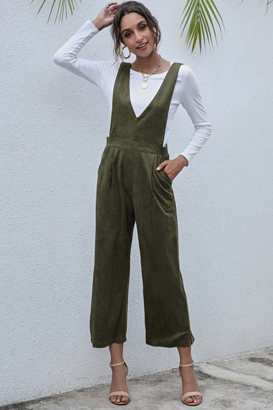 V-Neck Solid Color High Waist Jumpsuit