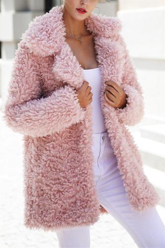 Casual Pink Faux Fur Long Coat