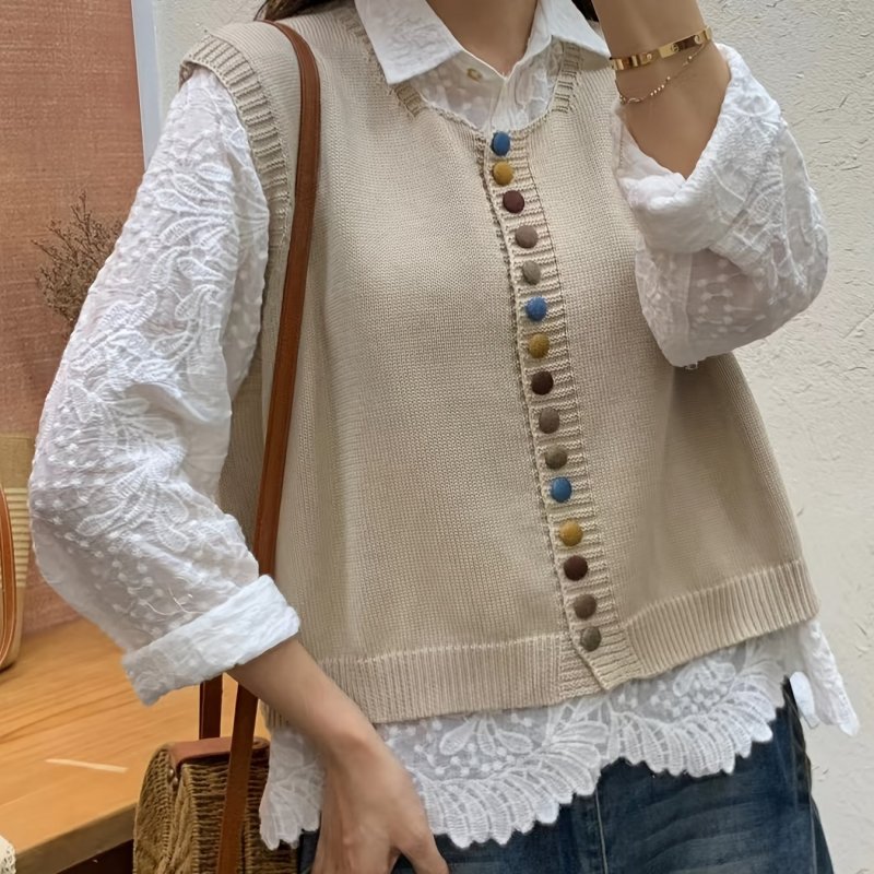 Elegant Women's Wool-Cotton Blend Sweater Vest - Crew Neck, Button Front, Stretch Knit for Fall\u002FWinter