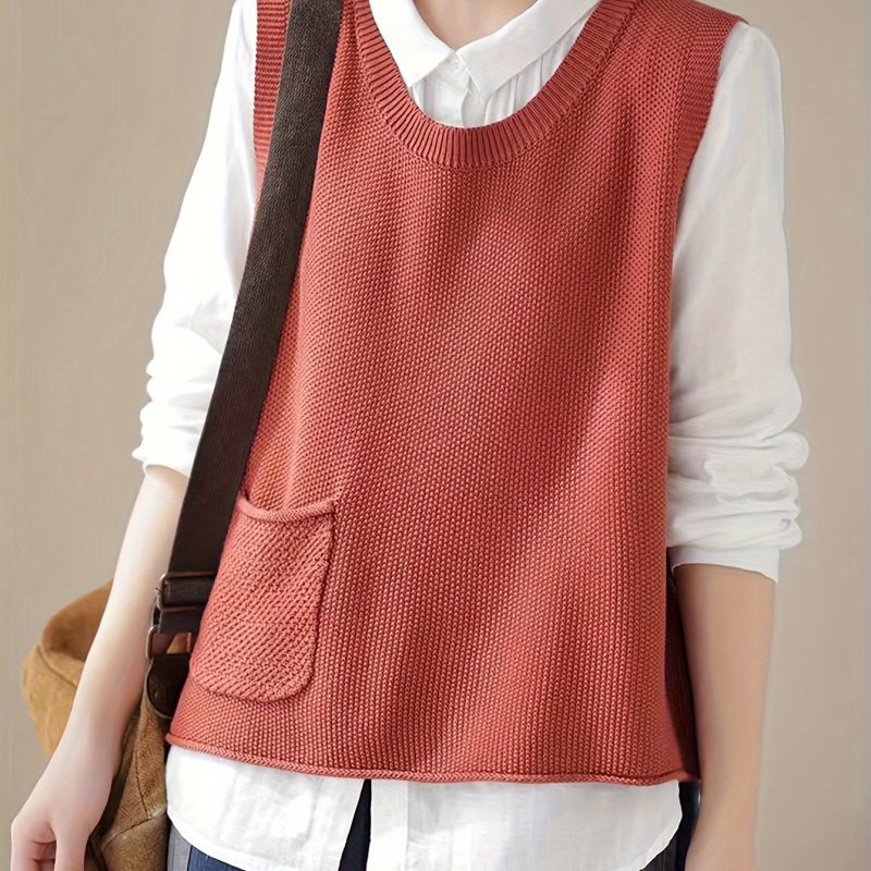 Solid Crew Neck Knitted Vest, Casual Sleeveless Loose Sweater With Pocket, Women's Clothing