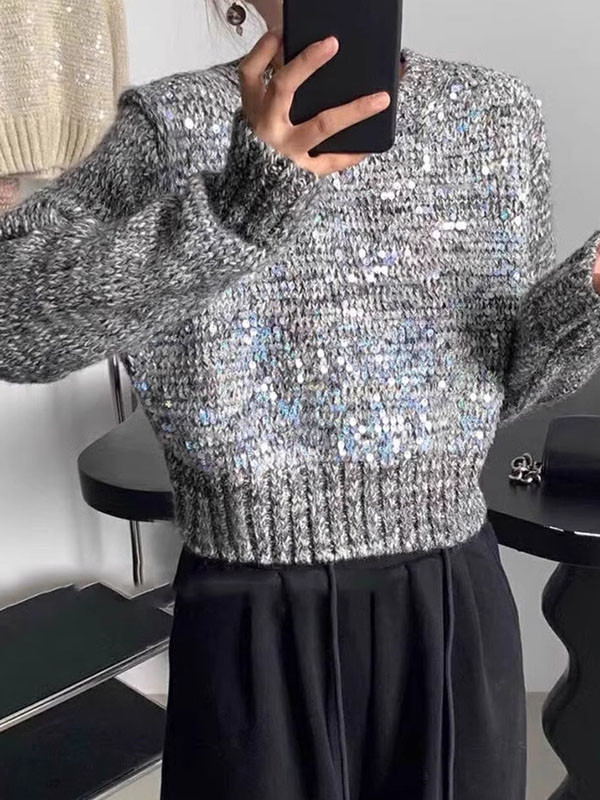 Long Sleeves Loose Sequined Split-Joint Round-Neck Pullovers Sweater Tops
