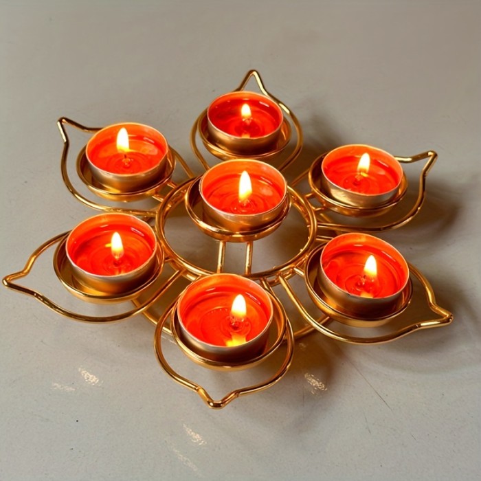Seven-Star Plum Blossom Tea Light Candle Holders - Metal Tabletop Candle Stand, Lacquered Finish, Set of 7 Lotus Flower Design Tealight Candle Holders