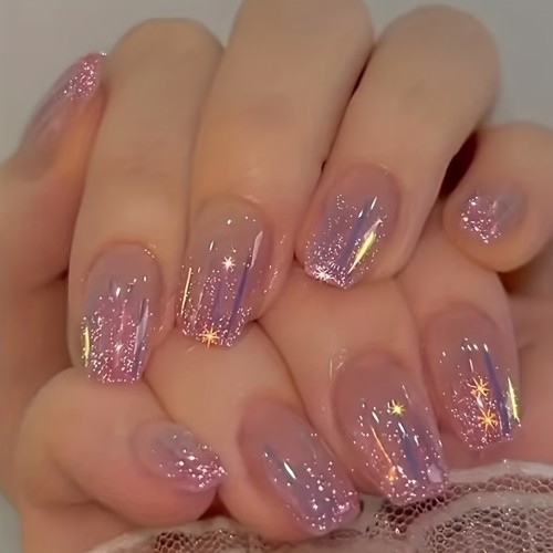 24pcs Dazzling Aurora Purple Glitter Press-On Nails - Star Sequin Design, Short Square Full Coverage Faux Nails for Easy DIY Manicure, Perfect for Parties and Everyday Glamour