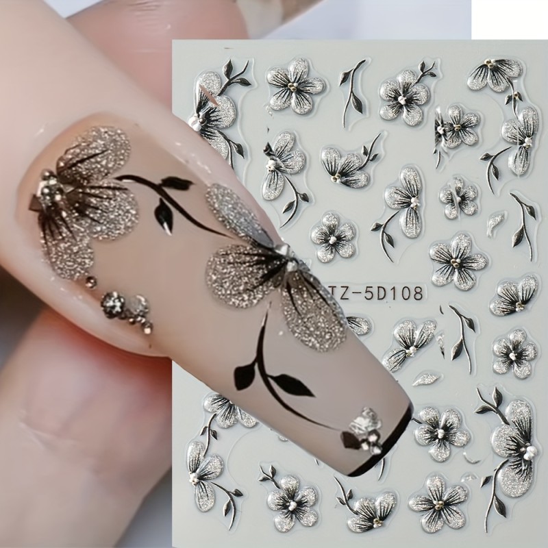2pcs 5D Floral Nail Art Stickers Set - Acrylic Flowers Decals with Glitter, Glossy Finish, Self-Adhesive for Women and Girls, Single Use Elegant Black Blossoms Theme, Rectangle Shape, Unscented - Ideal for Plastic Surfaces