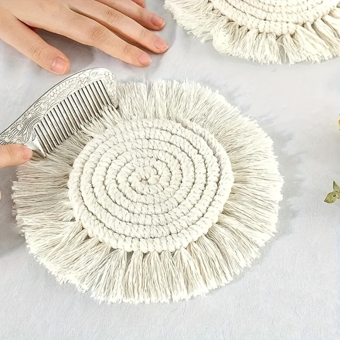 Bohemian Chic Cotton Woven Coaster with Tassels - Handcrafted Lace Design, Non-Slip, Perfect for Coffee & Dining Decor