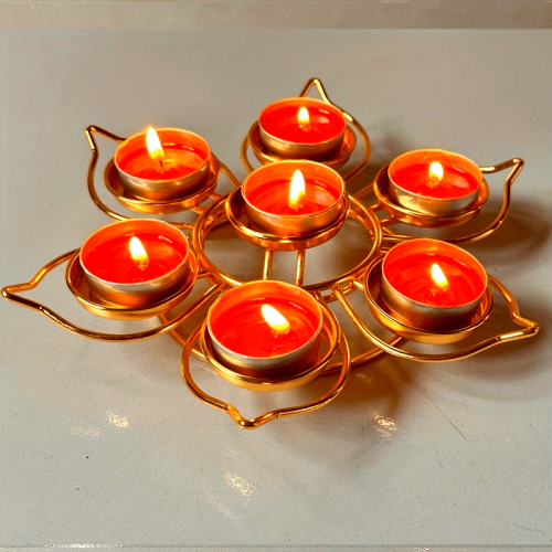 Seven-Star Plum Blossom Tea Light Candle Holders - Metal Tabletop Candle Stand, Lacquered Finish, Set of 7 Lotus Flower Design Tealight Candle Holders