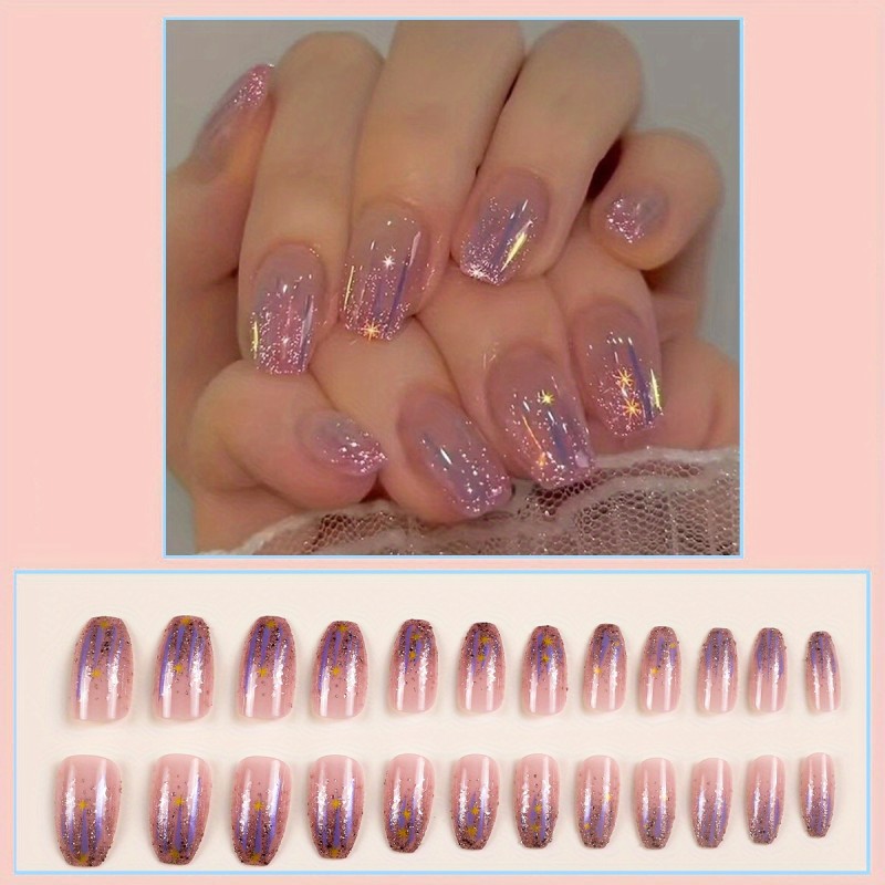 24pcs Dazzling Aurora Purple Glitter Press-On Nails - Star Sequin Design, Short Square Full Coverage Faux Nails for Easy DIY Manicure, Perfect for Parties and Everyday Glamour