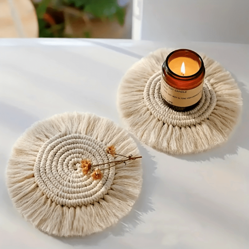 Bohemian Chic Cotton Woven Coaster with Tassels - Handcrafted Lace Design, Non-Slip, Perfect for Coffee & Dining Decor