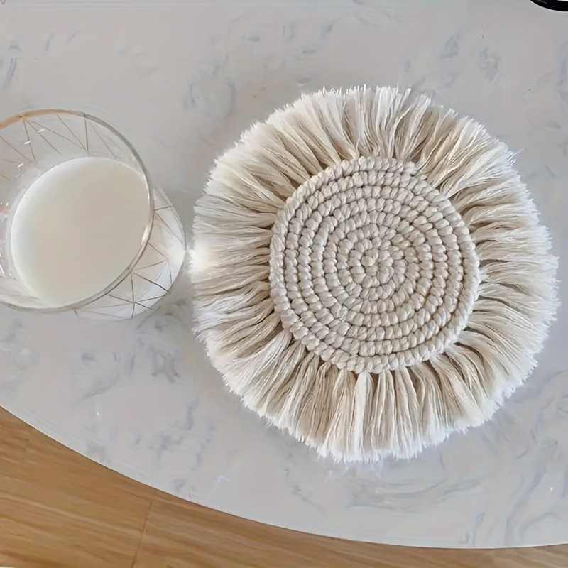 Bohemian Chic Cotton Woven Coaster with Tassels - Handcrafted Lace Design, Non-Slip, Perfect for Coffee & Dining Decor