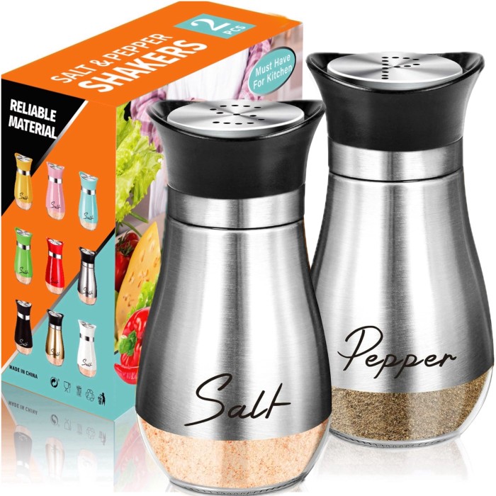 1 Set, Salt And Pepper Shakers Set, 4 Oz Glass Bottom Salt And Pepper Jars With Stainless Steel Lid For Kitchen Cooking Table, RV, Camp, BBQ Refillable Design, Spice Shakers, Kitchen Utensils, Kitchen Decor, Chrismas Halloween Gifts, Farmhouse Decor
