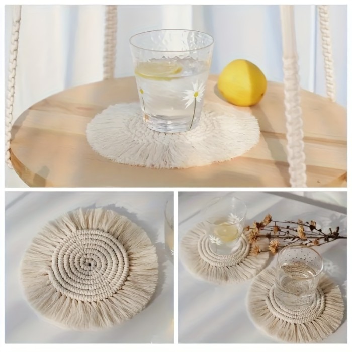 Bohemian Chic Cotton Woven Coaster with Tassels - Handcrafted Lace Design, Non-Slip, Perfect for Coffee & Dining Decor