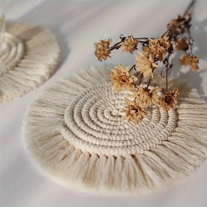 Bohemian Chic Cotton Woven Coaster with Tassels - Handcrafted Lace Design, Non-Slip, Perfect for Coffee & Dining Decor