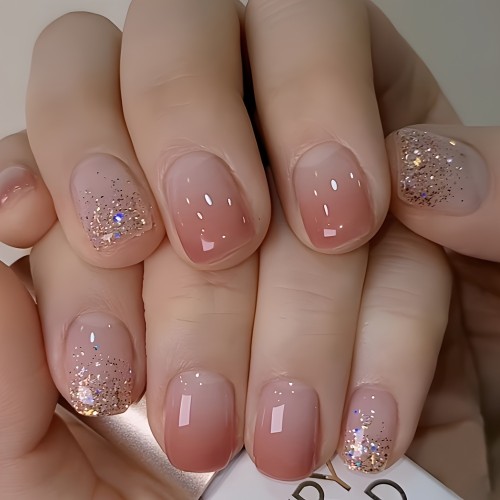 24pcs Set Glossy Pink Gradient Press-On Nails - Short Square, French Style With Glitter Accents, Reusable False Nails For Women
