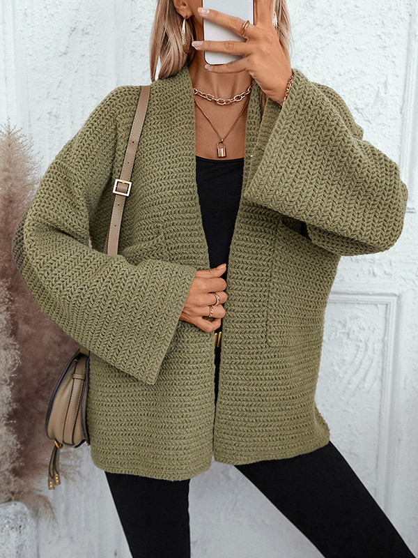Long Sleeves Loose Pockets Solid Color Split-Joint Collarless Cardigan Tops