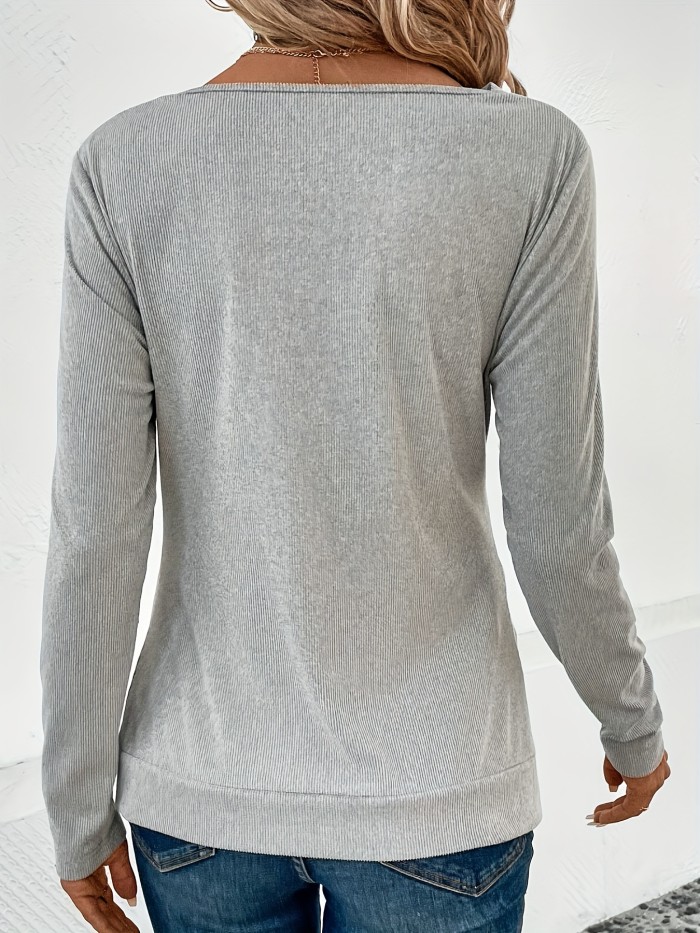 Button Side Cowl Neck T-Shirt, Casual Long Sleeve Ruched Top For Spring & Fall, Women's Clothing