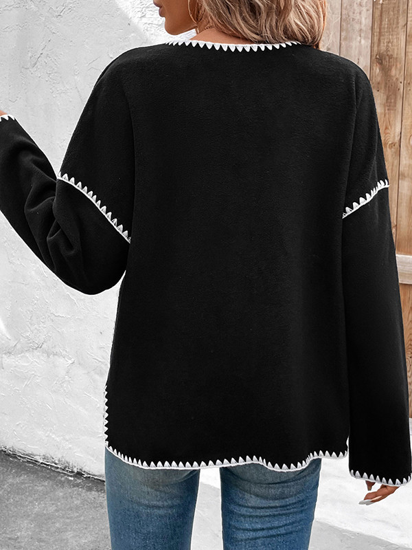 Long Sleeves Loose Buttoned Contrast Color Pockets Split-Joint Round-Neck Cardigan Tops
