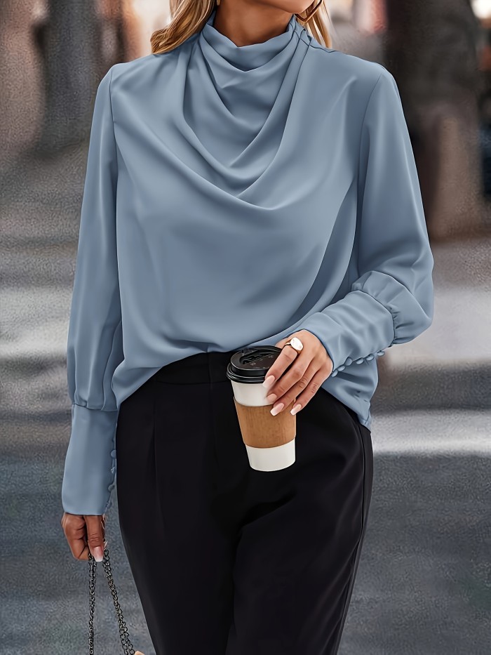 Stylish Solid Cowl Neck Blouse - Elegant Long Sleeve Top with Comfortable Fit, Versatile for Spring & Fall Seasons, Womens Clothing for Everyday Wear