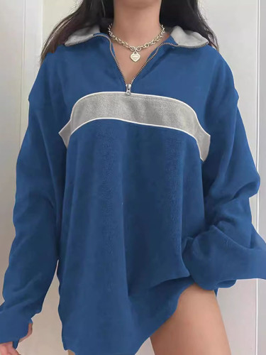 Long Sleeves Loose Split-Joint Zipper Lapel Sweatshirt Tops
