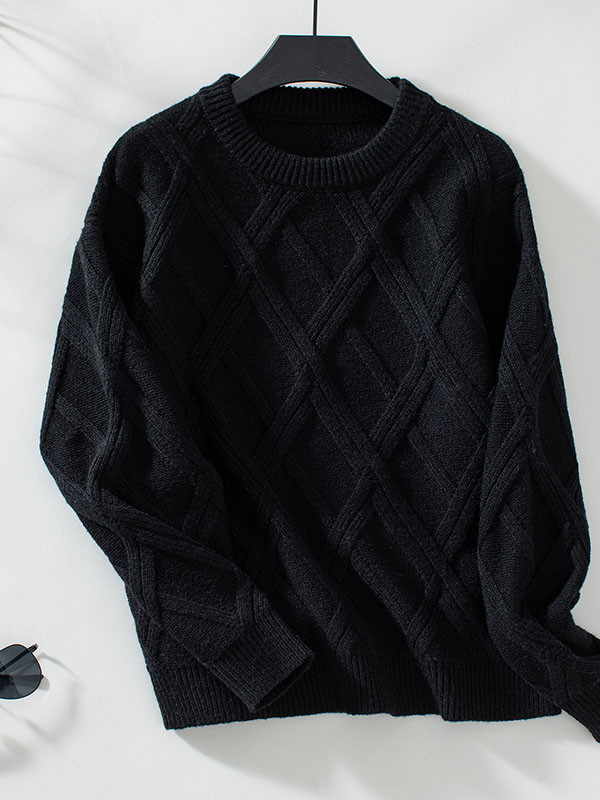 Long Sleeves Loose Solid Color Split-Joint Round-Neck Pullovers Sweater Tops