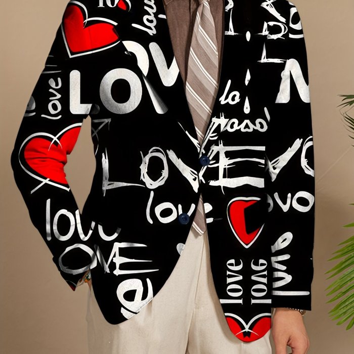 Men's Fashion Suit Jacket Polyester Blend with Elastane, Mature Lapel Style, Long Sleeve, Regular Fit, Non-Waterproof, All-Season, Love Alphabet Print, Slight Stretch Fabric - Stylish Casual Blazer for Men