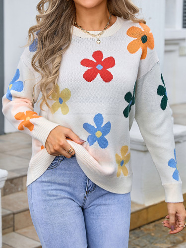 Long Sleeves Loose Knitted Flower Split-Joint Round-Neck Pullovers Sweater Tops